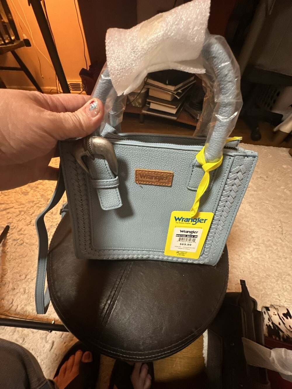 Wrangler Western-Style Textured Top Handle Satchel Bag in Blue with Buckle Detai